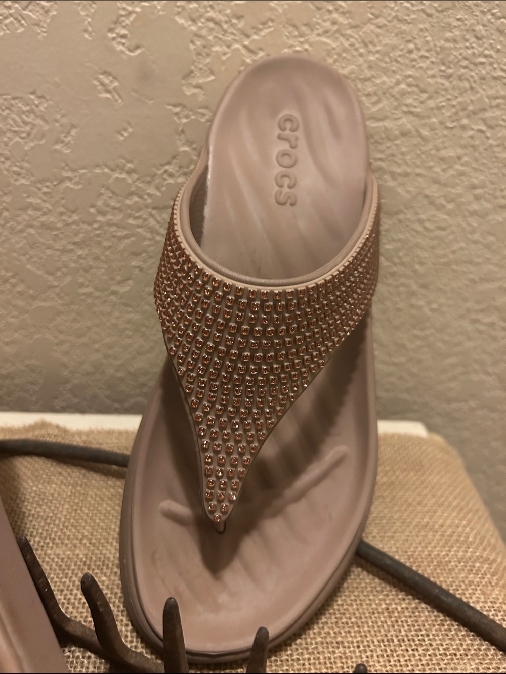 CROCS Women's Taupe Jeweled Wedge Thong Sandals - Picture 2 of 3